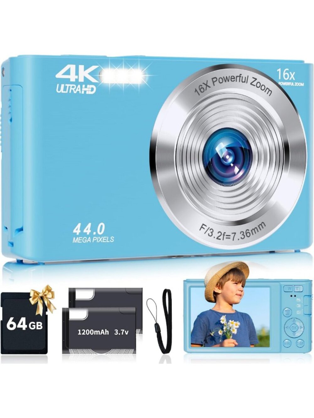 Compact 4K Digital Camera for Teens, 44MP, 16X Zoom, 64GB SD Card, Blue